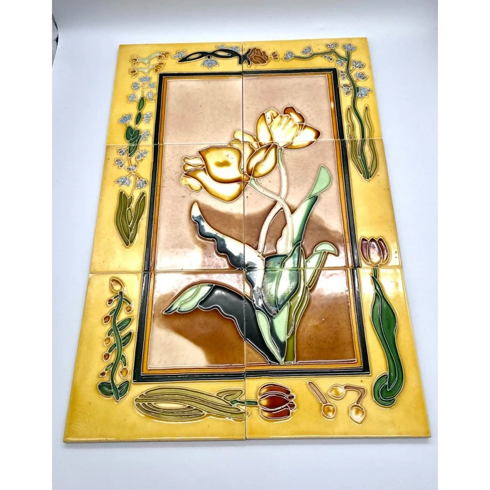 Art Nouveau Style Floral Ceramic Tile Mural 6-Piece Set Yellow‎ Brown